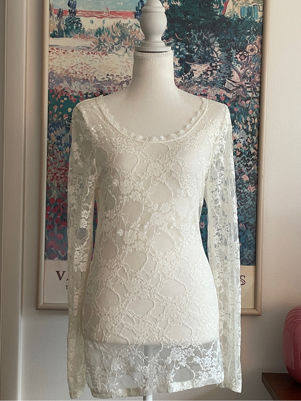 Vintage Y2K Cream Floral Lace Sheer Top Boho Victorian Coquette Cottagecore